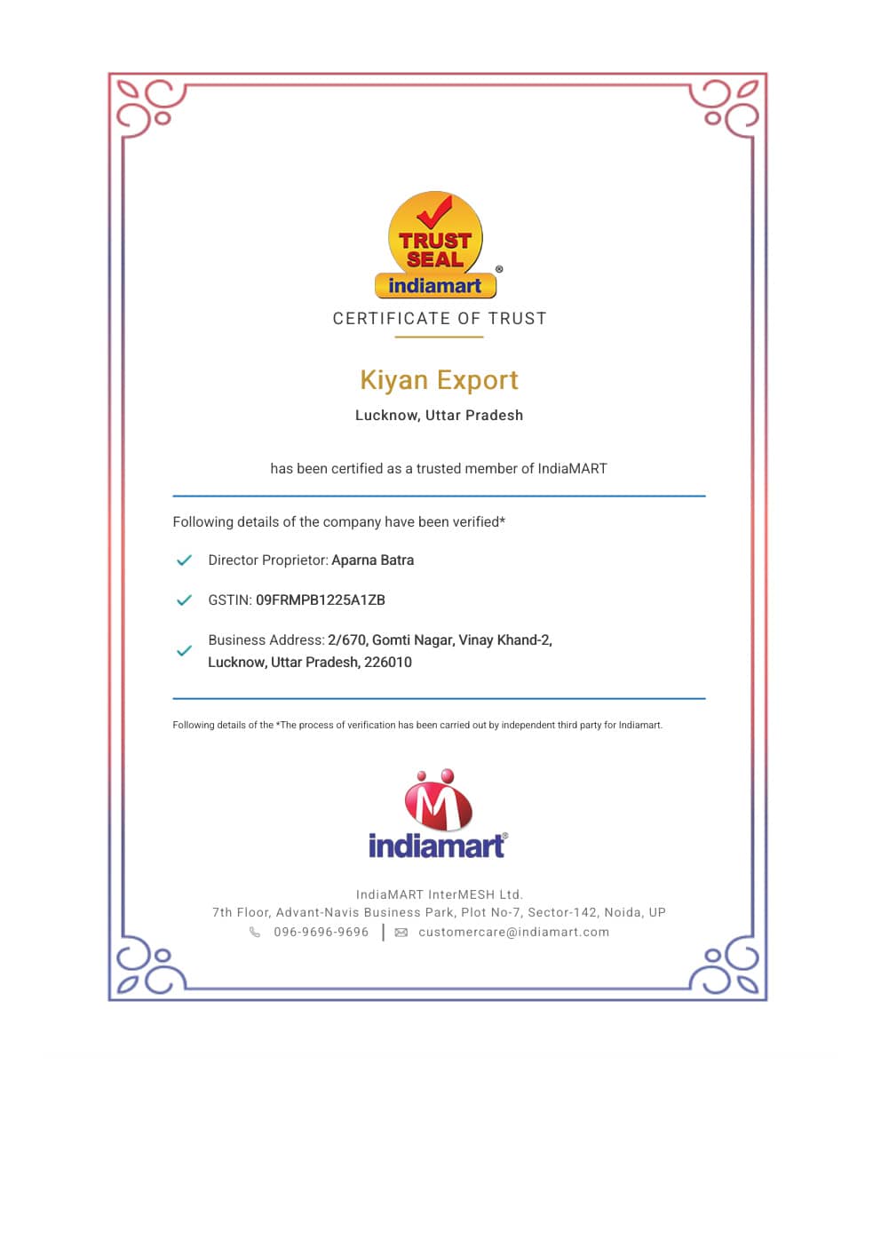 IndiaMART TrustSeal Verified Certificate